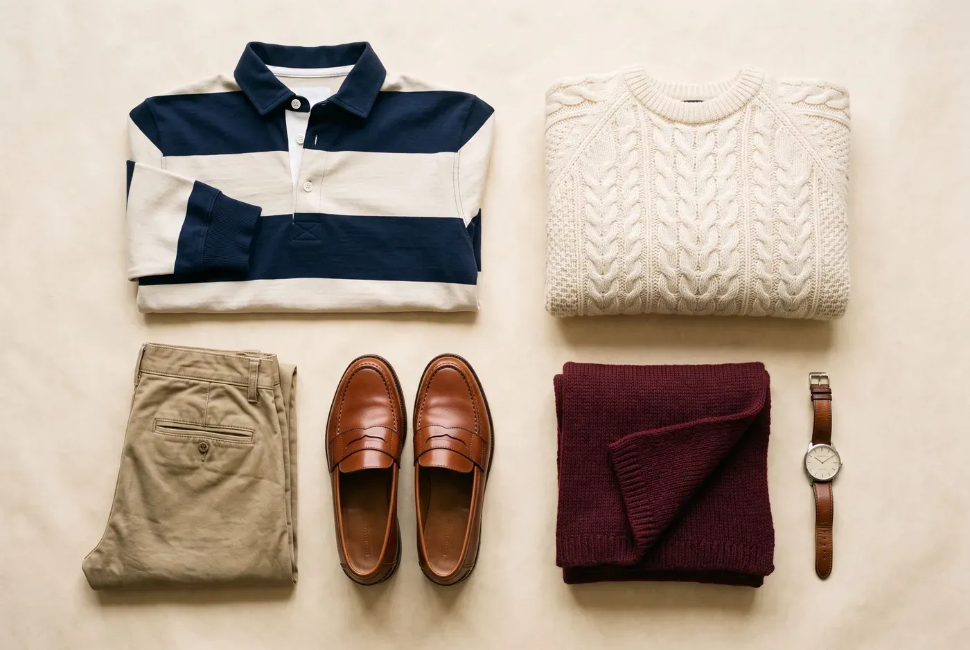 Flat lay of a navy and cream striped rugby shirt, cream cable knit, khaki chinos, brown penny loafers, burgundy scarf and a leather-strap watch