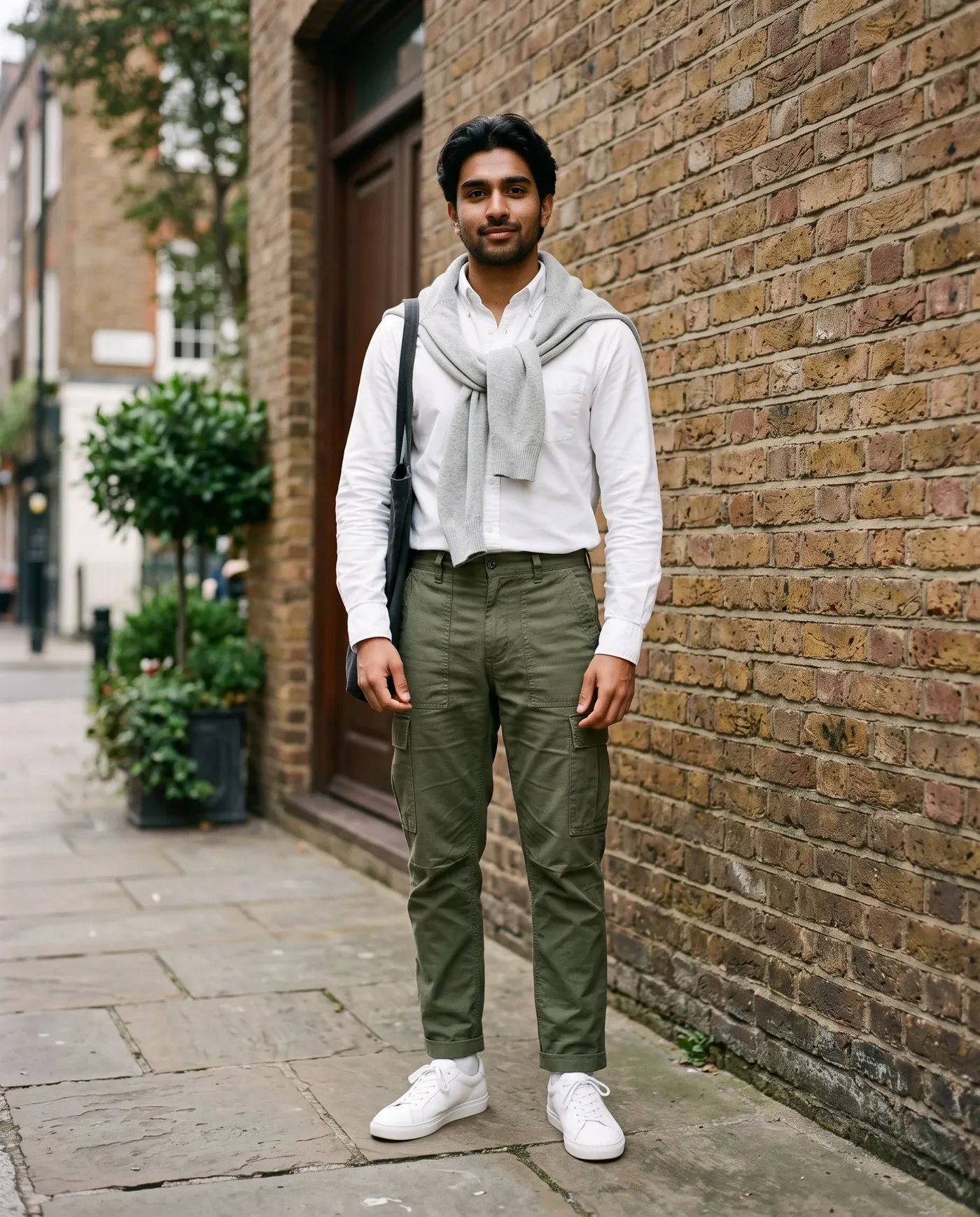 Young man in army green utility trousers, a white oxford shirt with a grey sweater over his shoulders and white sneakers by a brick wall