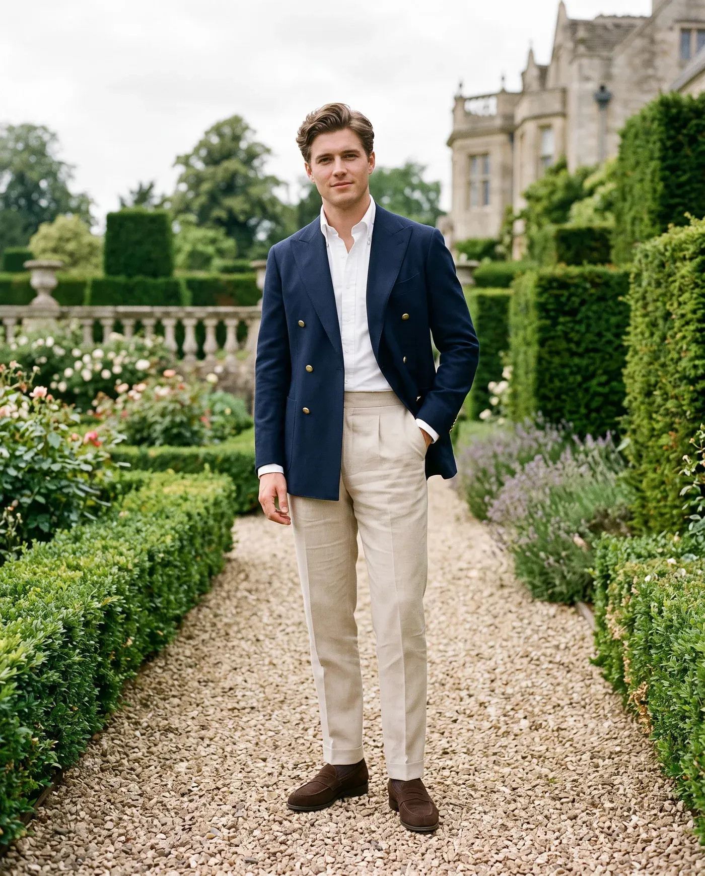 Man in a navy double-breasted blazer, white oxford shirt, beige pleated trousers and brown suede loafers in a formal garden