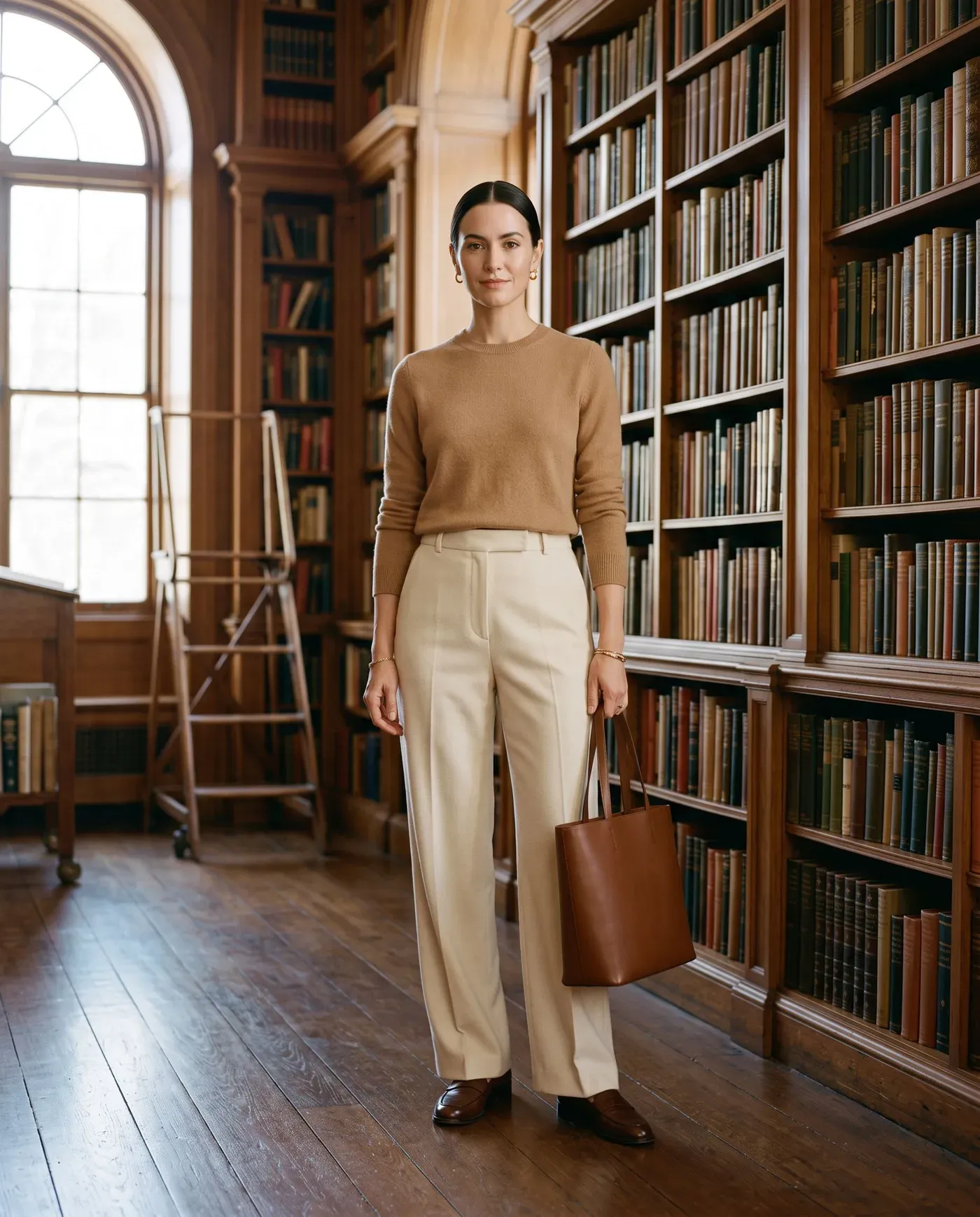 Woman in a camel cashmere sweater, cream wide-leg trousers and brown loafers holding a brown leather bag in a sunlit library