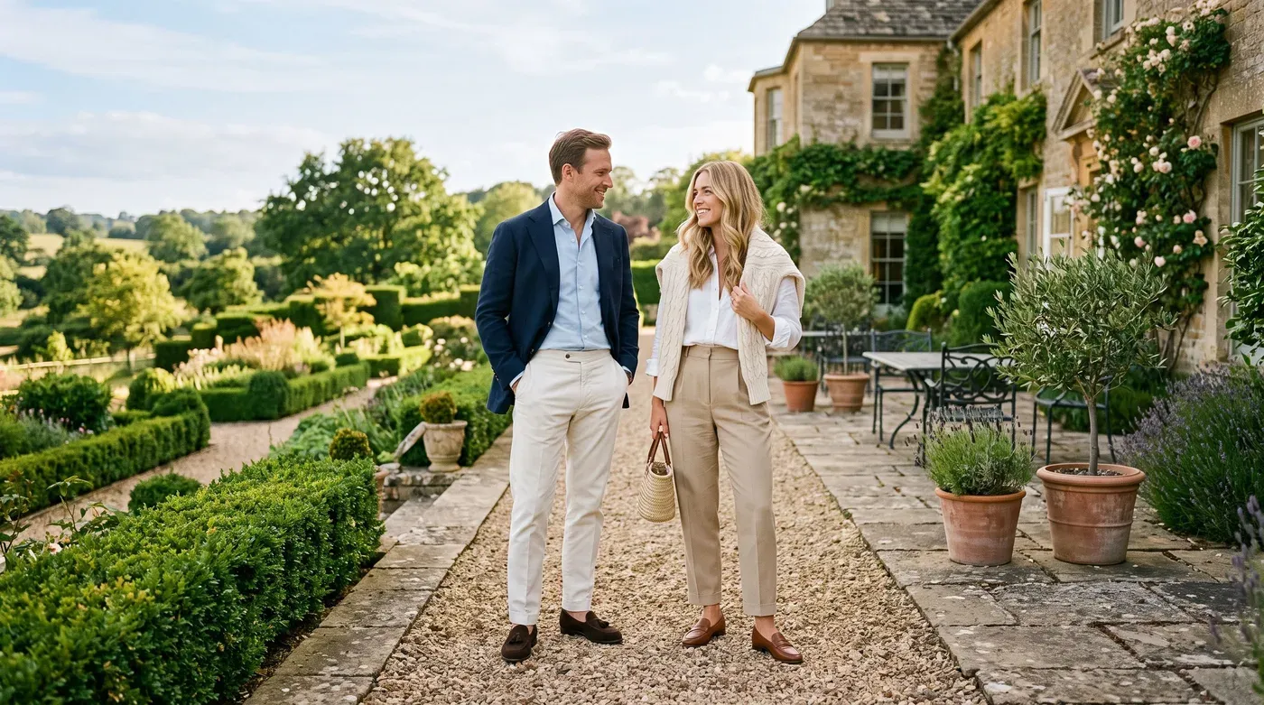 Woman with a cream cable knit over her shoulders and beige trousers beside a man in a navy blazer and cream trousers on a countryside terrace