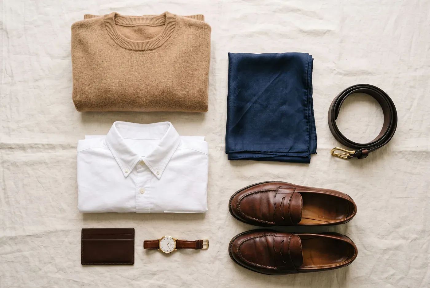 Flat lay of a camel cashmere sweater, white oxford shirt, navy silk scarf, brown penny loafers, brown belt, gold watch and leather card holder