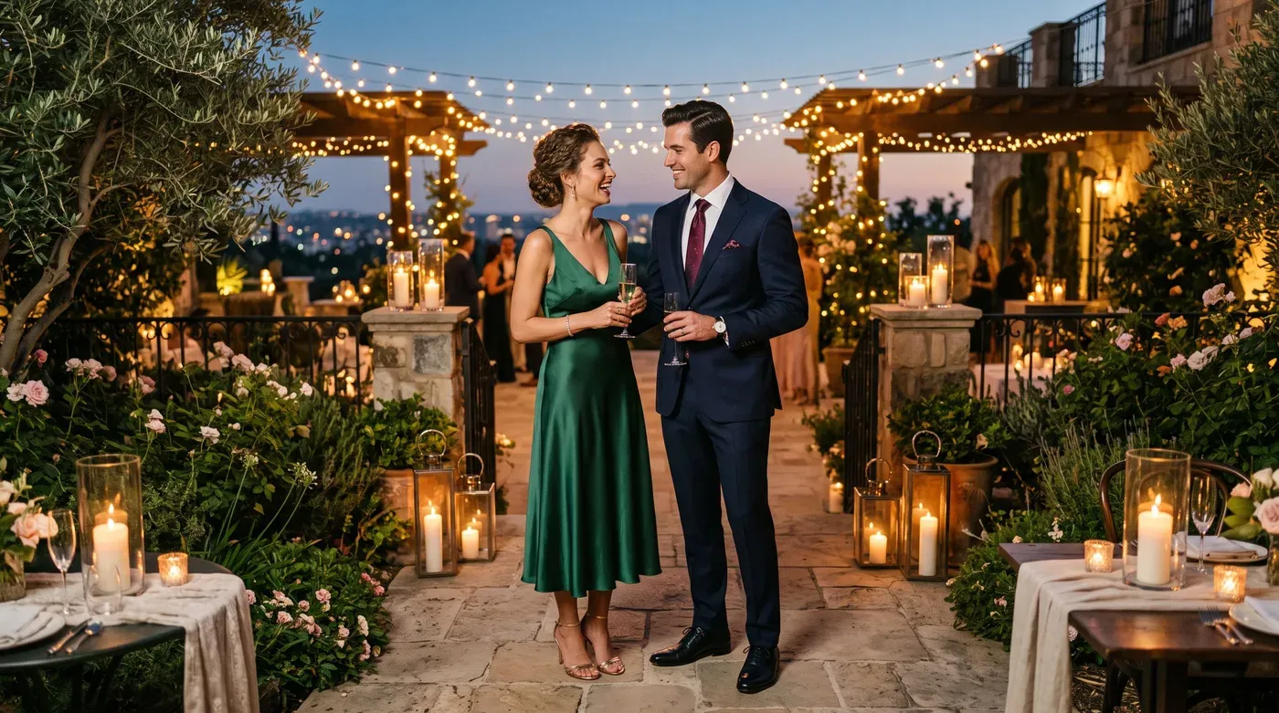 Woman in an emerald green satin midi dress and man in a dark navy suit with a burgundy tie on a garden terrace lit with string lights at dusk