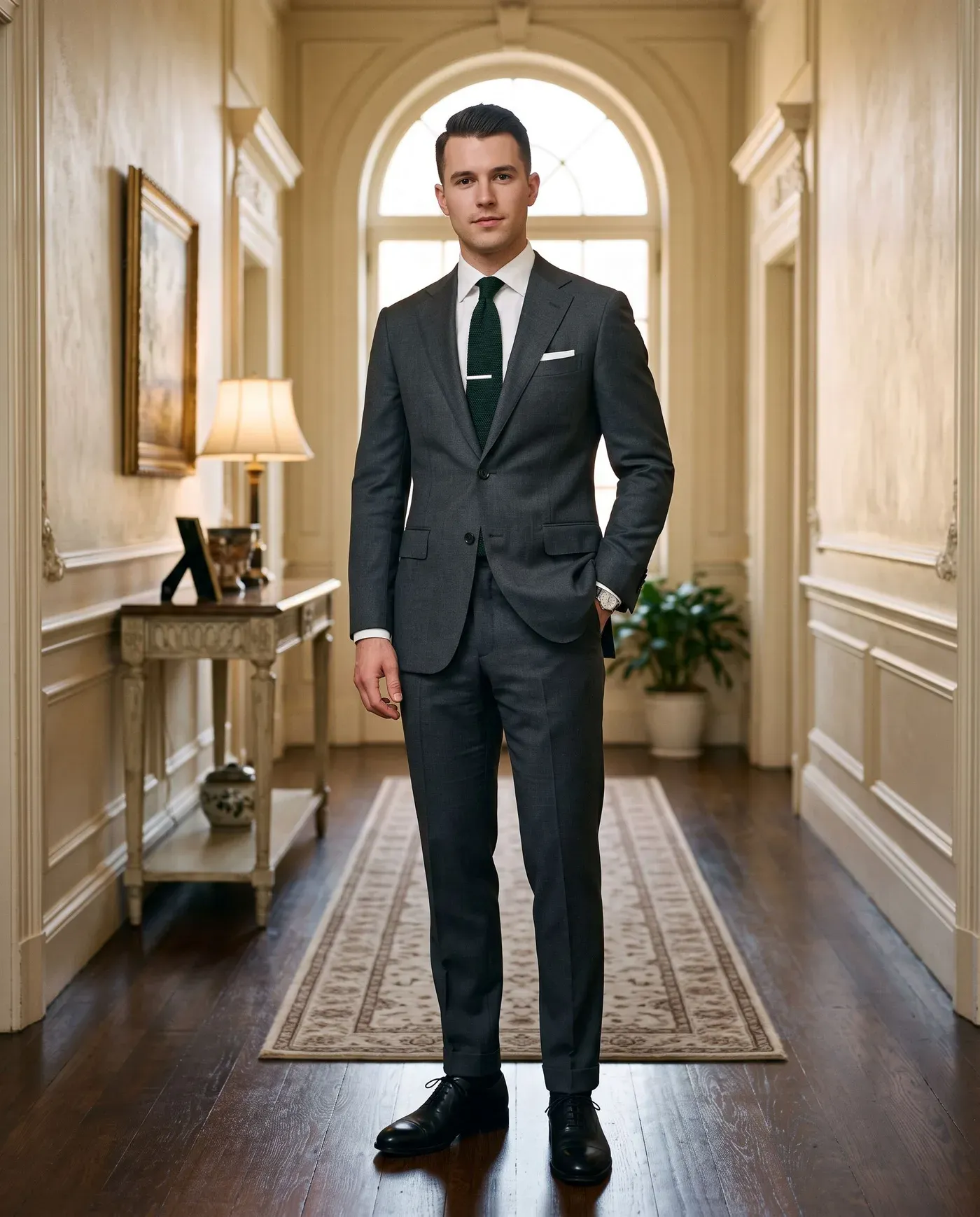 Man in a fitted charcoal suit, white shirt, dark green knit tie and polished black oxford shoes in an elegant hallway