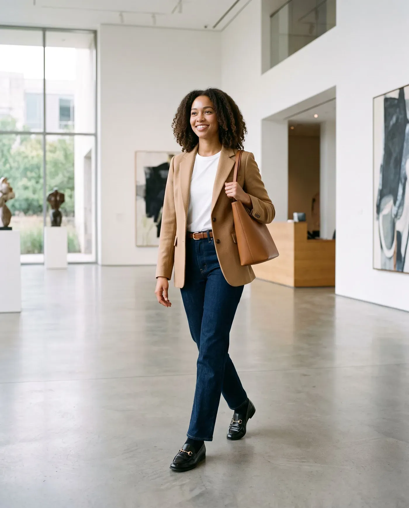 Frau in camelfarbenem Blazer über weißem T-Shirt mit dunkelblauer gerader Hose, schmalem braunem Gürtel und schwarzen Loafern, in der Hand eine hellbraune Tasche