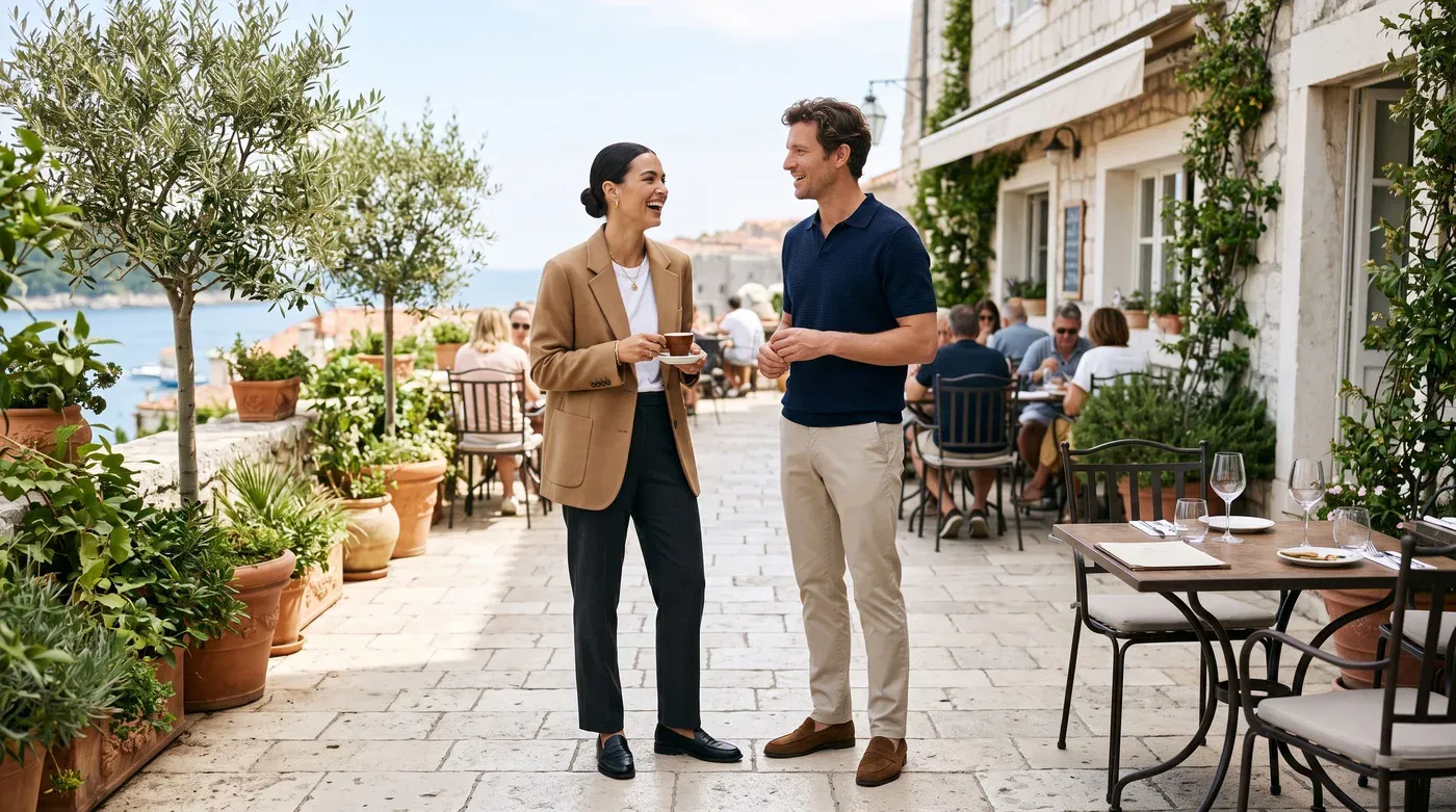 Woman in a camel blazer, white T-shirt and dark trousers chatting with a man in a navy knitted polo and stone chinos on a sunny restaurant terrace