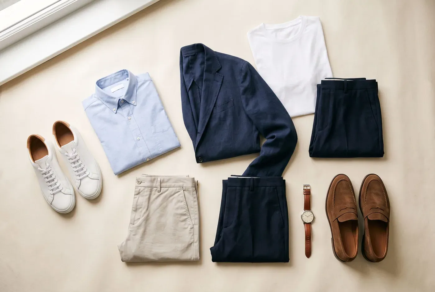 Flatlay mit unstrukturiertem navyblauem Blazer, weißem T-Shirt, hellblauem Oxfordhemd, steinfarbener Chino, dunkler Hose, braunen Wildleder-Loafern, weißen Leder-Sneakern und einer Uhr