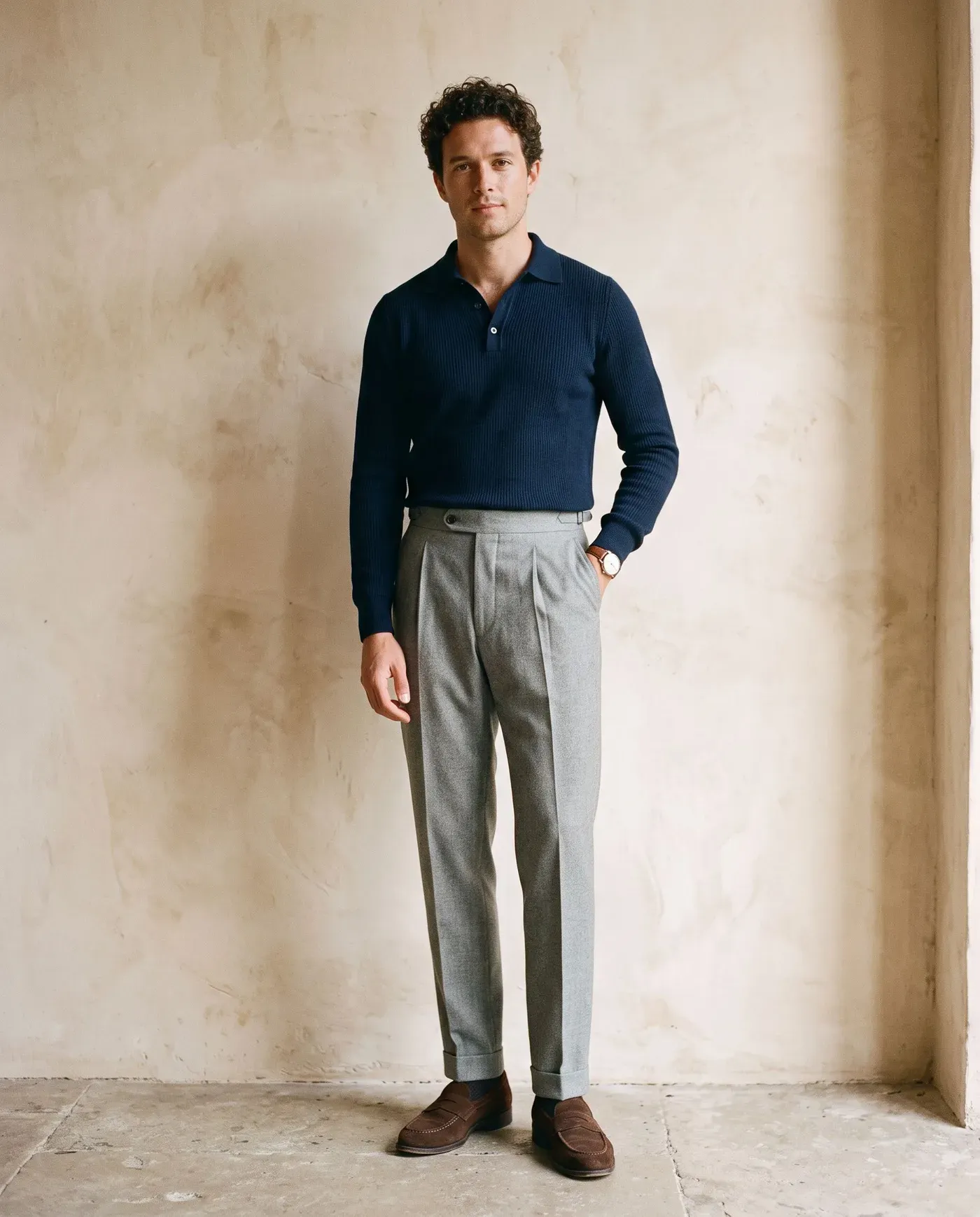 Mann in navyblauem Strickpolo, in eine hellgraue Bundfaltenhose gesteckt, mit braunen Wildleder-Loafern vor einer warmen Putzwand