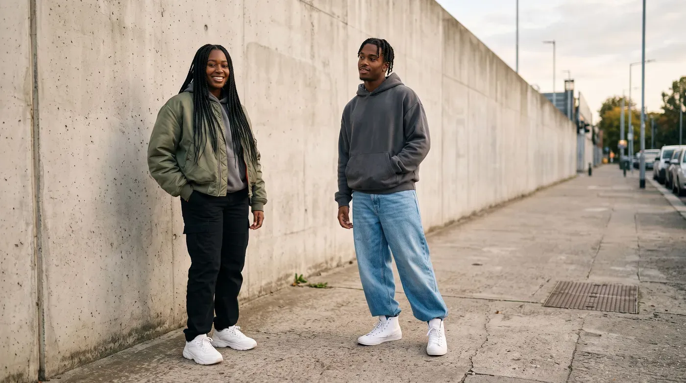 Two young adults on a city street, one in an olive bomber jacket, grey hoodie and black cargo trousers, the other in a charcoal hoodie and wide light-wash jeans
