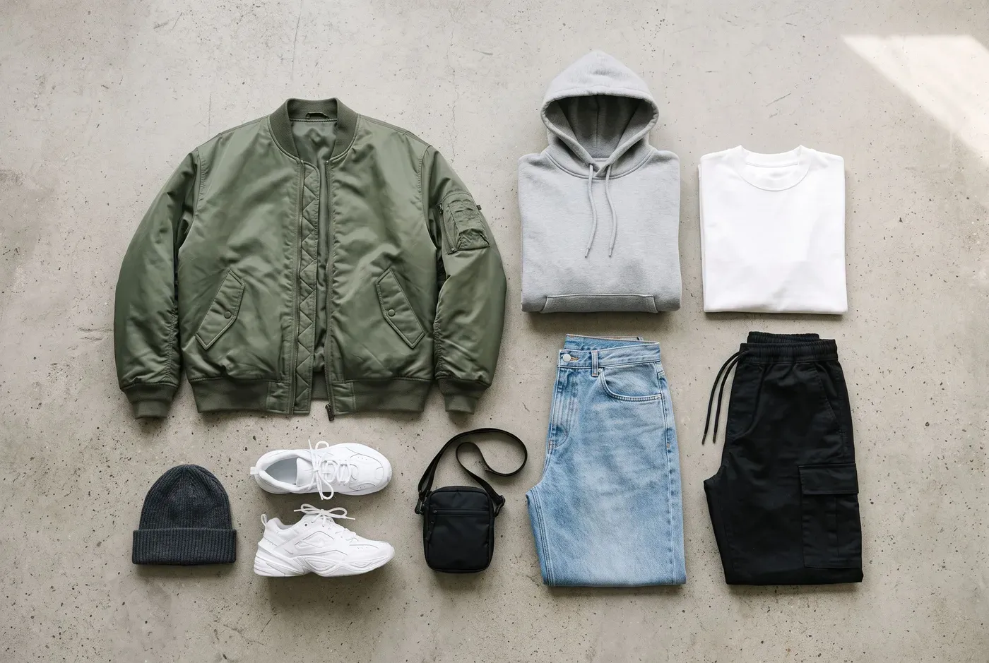 Flat lay of an olive bomber jacket, grey hoodie, white T-shirt, light-wash wide jeans, black cargo trousers, chunky white sneakers, a knit beanie and a small crossbody bag