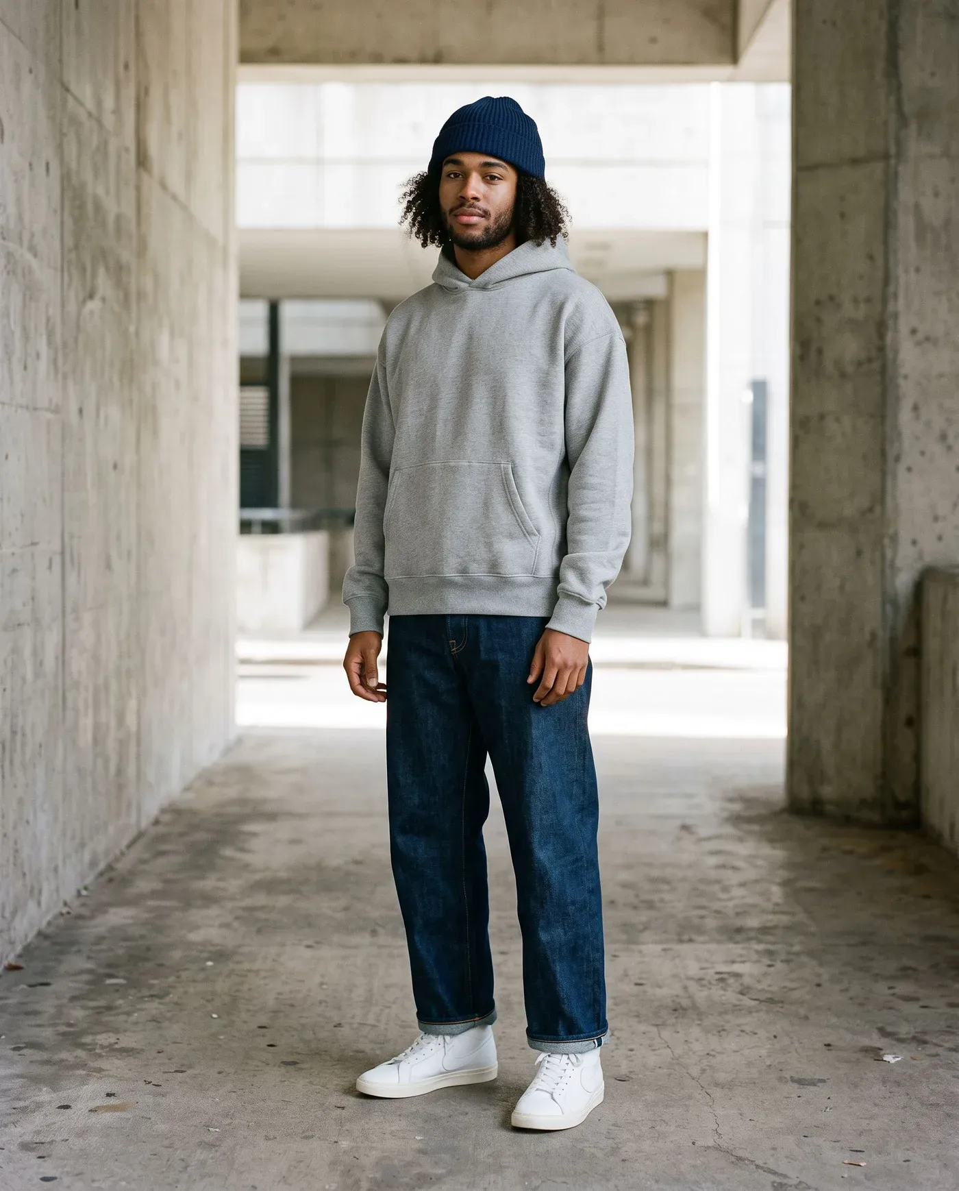 Young man in a boxy grey hoodie, wide dark-wash jeans, white high-top sneakers and a knit beanie in a concrete underpass