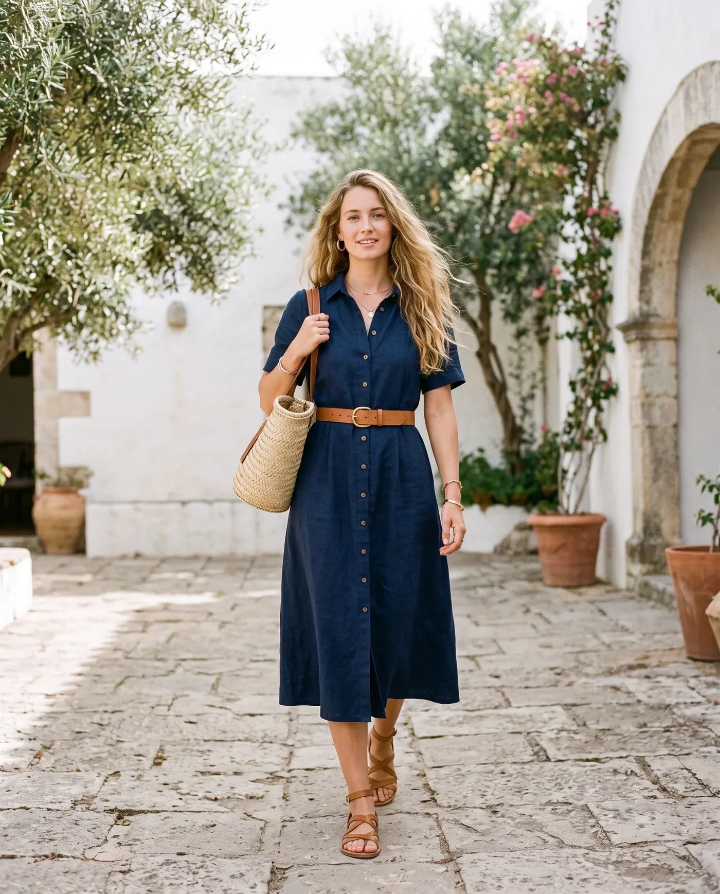 Vrouw in een donkerblauwe midi-jurk met een cognackleurige leren riem, cognackleurige sandalen en een gevlochten strooien tas op een zonnige witte binnenplaats