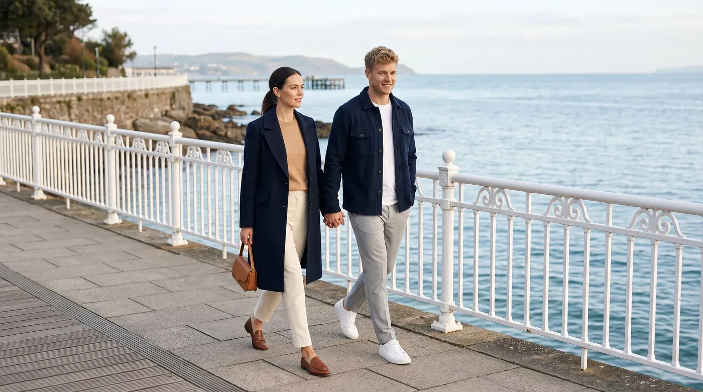 Woman in a navy coat over a camel knit and cream trousers and a man in a navy overshirt with light grey trousers on a seaside promenade
