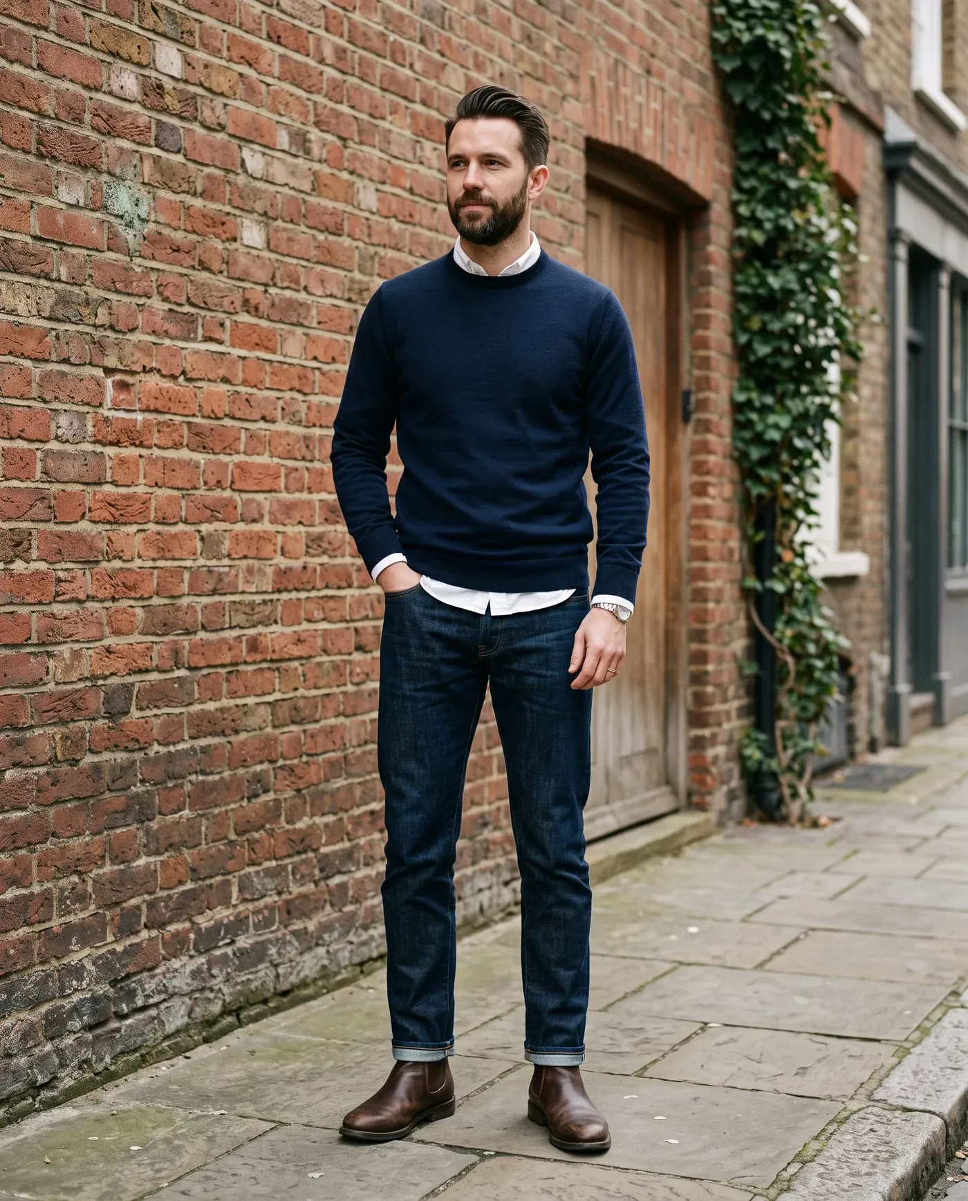 Hombre con jeans rectos índigo oscuro, jersey azul marino de cuello redondo sobre camisa blanca y botines Chelsea de piel marrón junto a una pared de ladrillo