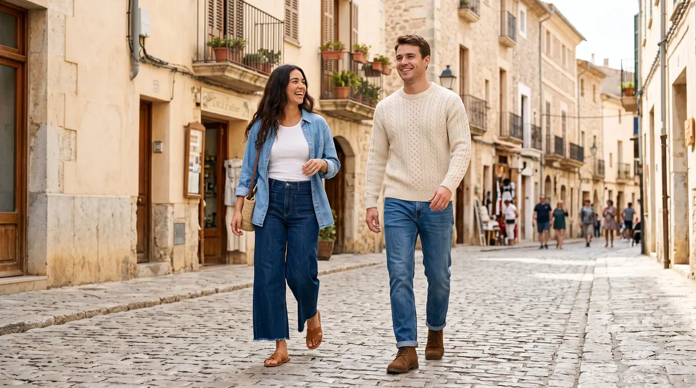 Two people on a cobbled street in jeans, one in wide-leg dark jeans with a white tank top and open light blue shirt, the other in straight mid-wash jeans with a cream cable knit