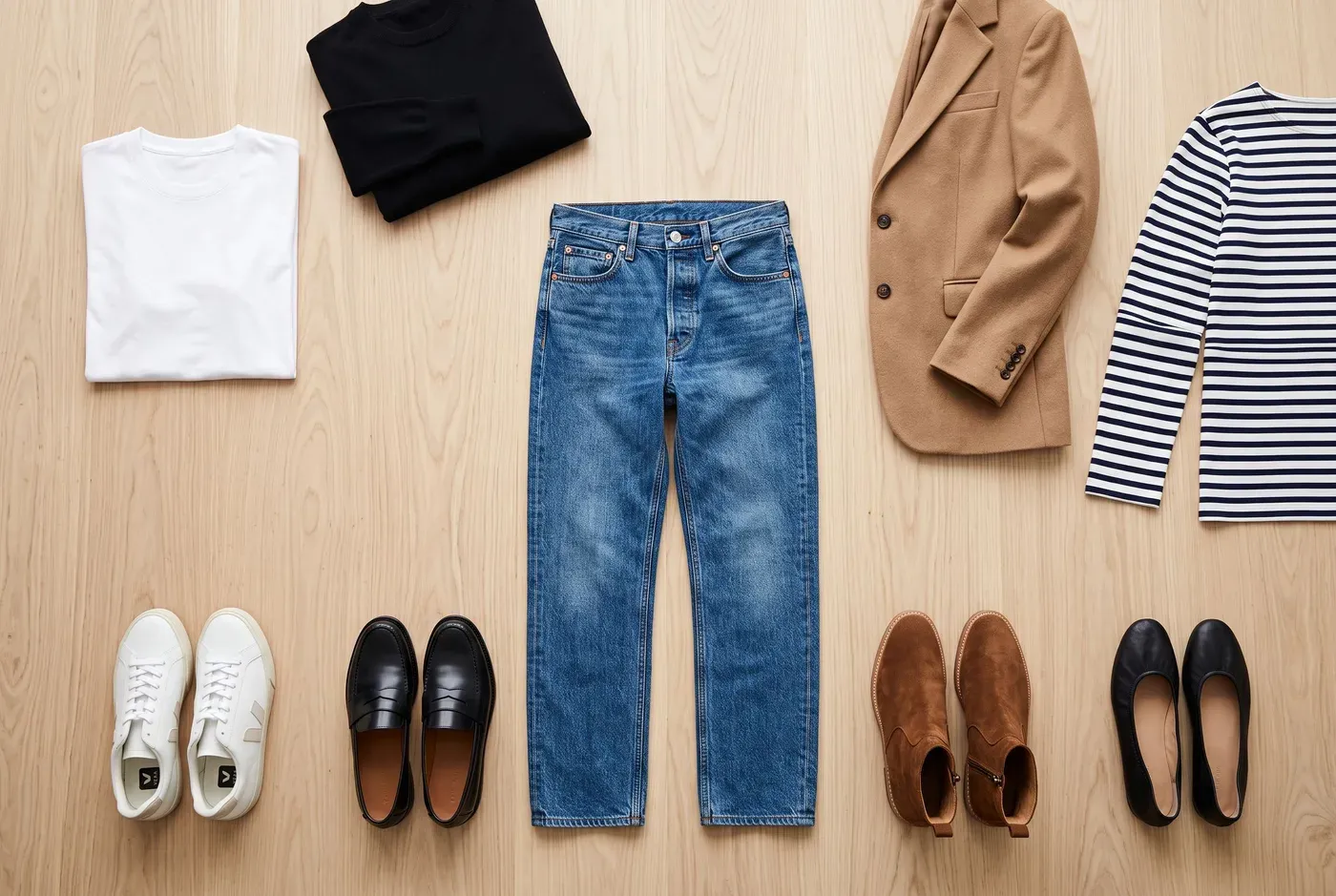 Flat lay de jeans rectos de lavado medio rodeados de camiseta blanca, camiseta de rayas, jersey negro, blazer camel, zapatillas blancas, mocasines negros, botines marrones y bailarinas