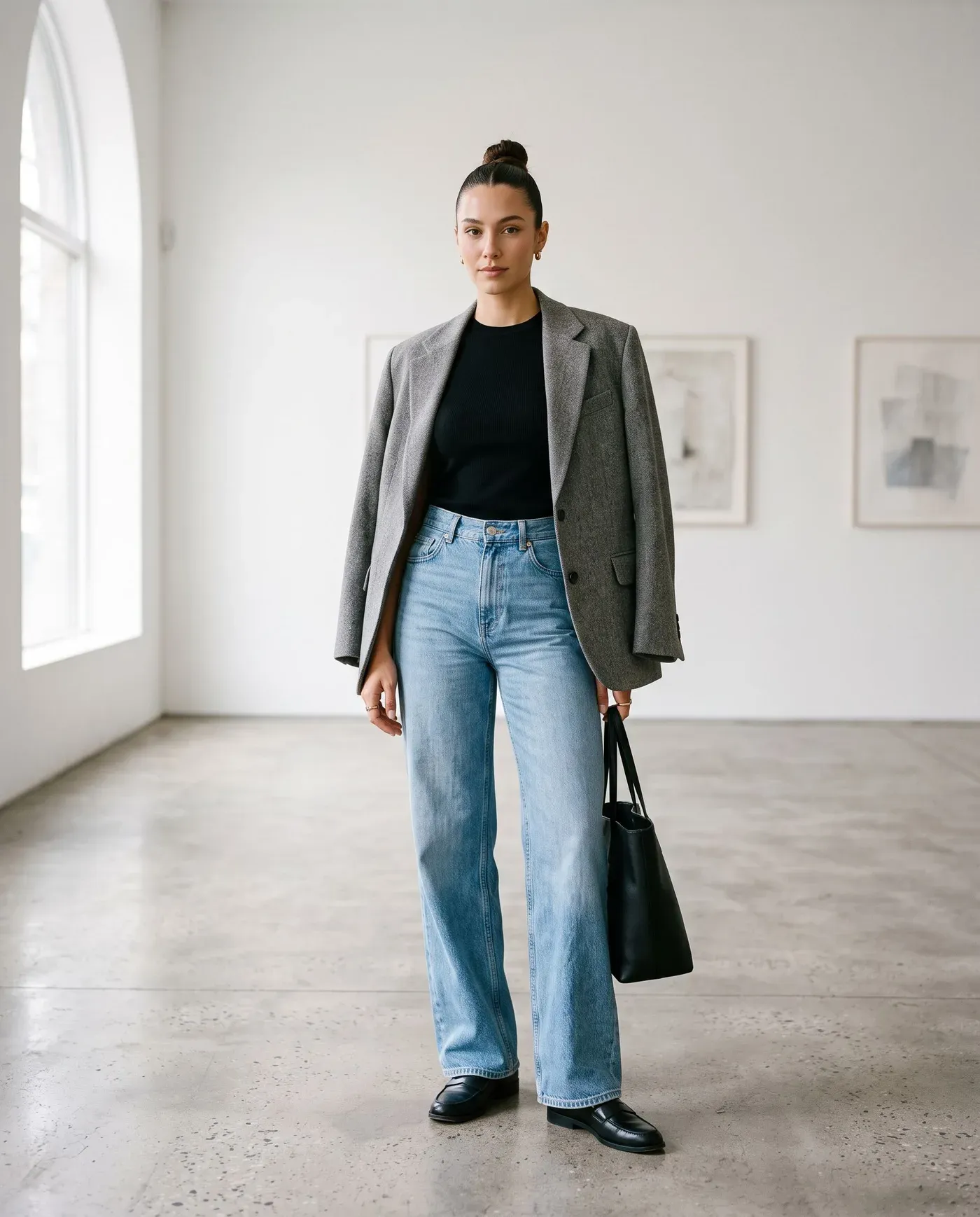 Mujer con jeans anchos de tiro alto y lavado claro, top de punto negro ajustado, blazer gris oversize y mocasines negros en una galería blanca
